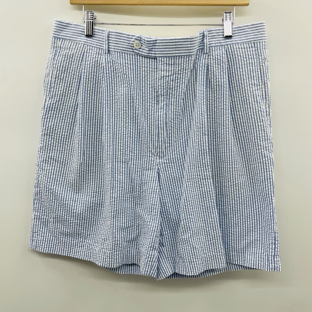 Berle Mens Size 36R Pleated Seersucker Striped Casual Shorts in Blue/White $99